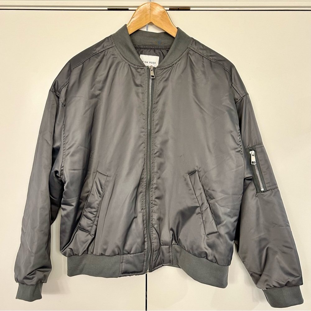 Pink Rose Charcoal Gray Bomber Jacket Medium
